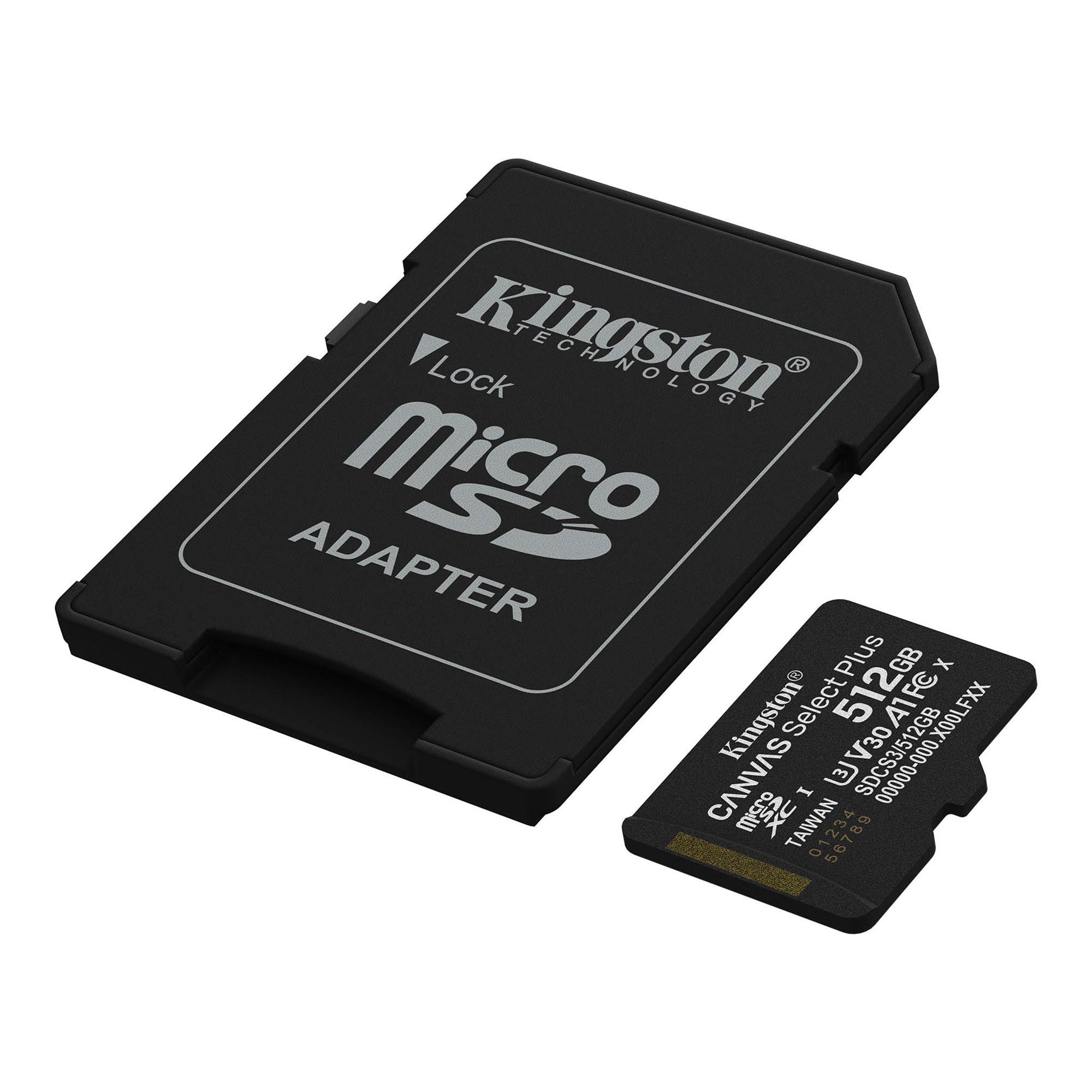 Карта пам`яті MicroSDXC 512GB UHS-I Class 10 Kingston Canvas Select Plus R150MB/s + SD-адаптер (SDCS3/512GB)