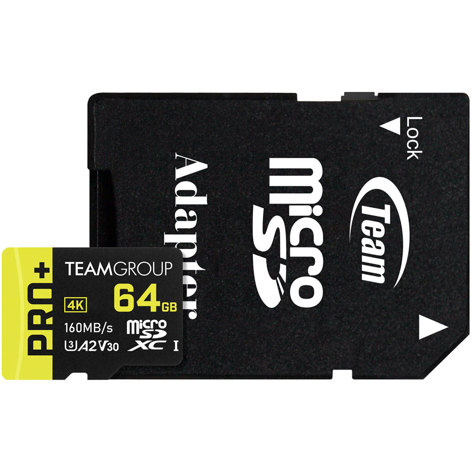 Карта пам`ятi MicroSDXC  64GB UHS-I/U3 Class 10 Team Pro+ R160/W55MB/s + SD-адаптер (TPPMSDX64GIA2V3003)