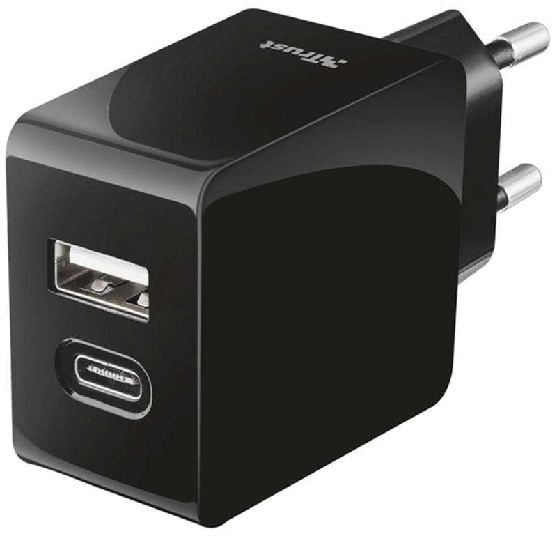 Мережевий зарядний пристрій Trust Urban Fast Dual USB-C&USB (17W, 2USB 3.0A) Black (21589)