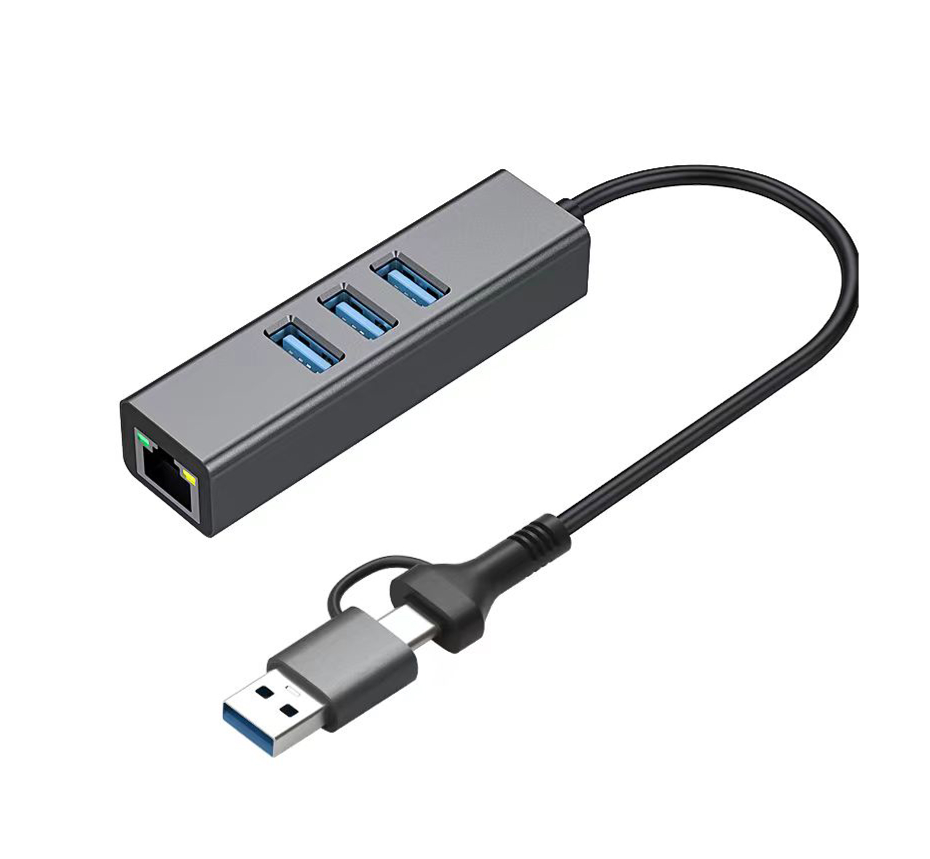 Адаптер Dynamode USB 3.0 Type-C/Type-A - RJ45 Gigabit Lan, 3*USB 3.0-порти, з каб.13 см, темно-сірий