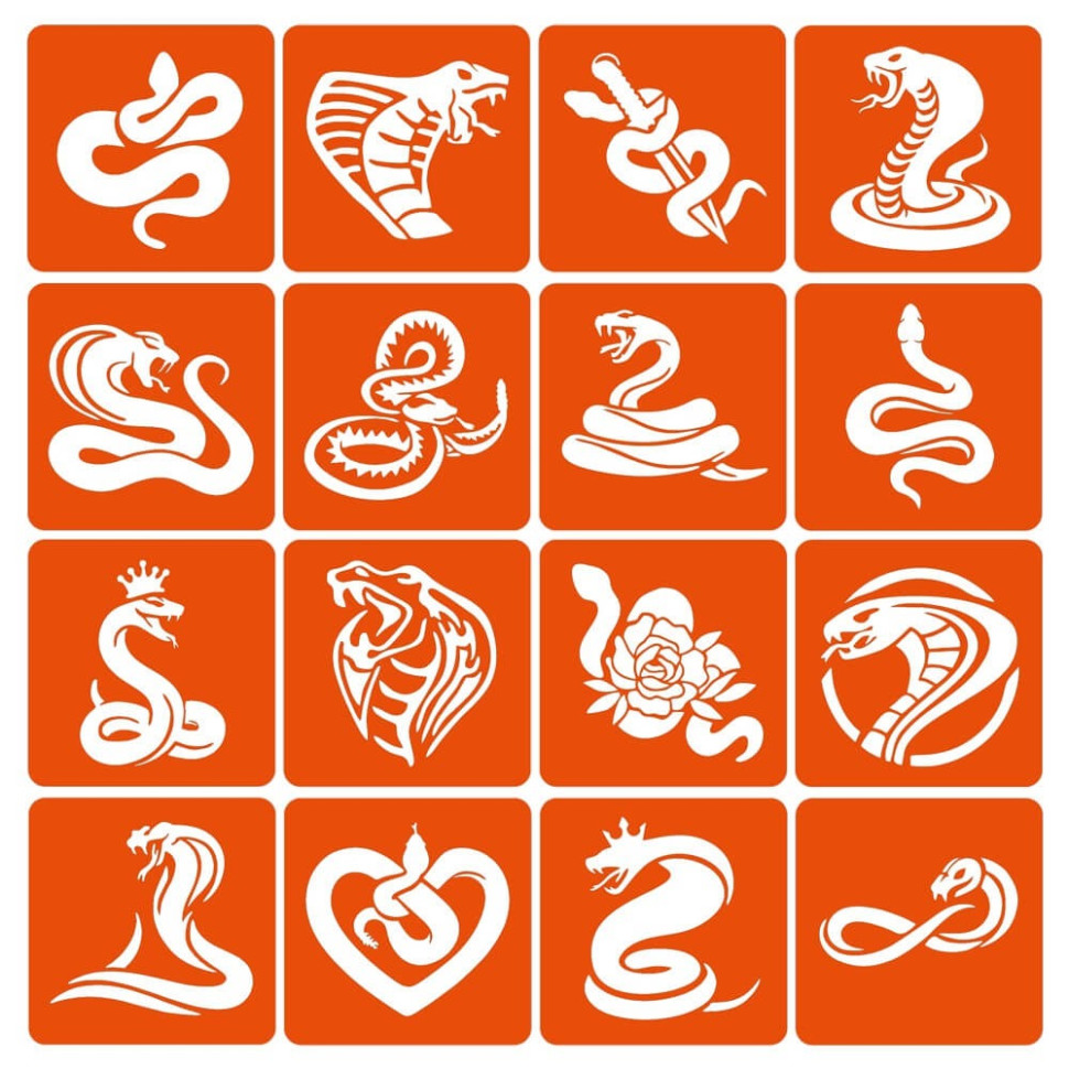 Набор трафаретов для биотату "Змеи" Snakes-simple-16, 6х6 см 16 простых трафаретов