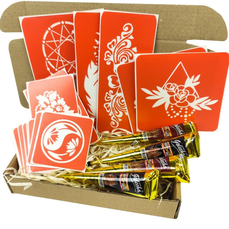 Набор цветной хны с трафаретами для био-тату №6 color-henna-set-06