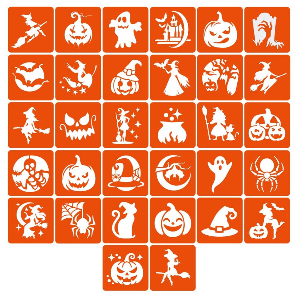 Набор трафаретов для био-тату "Хэллоуин №3" hallowween-3-32, 32 трафарета 6х6 см