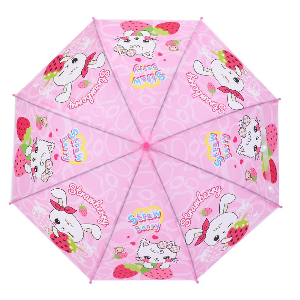 Детский зонтик "Strawberry" MK 5801(Pink) длина 67 см, трость 60,5 см, диаметр 84 см, спица 47 см