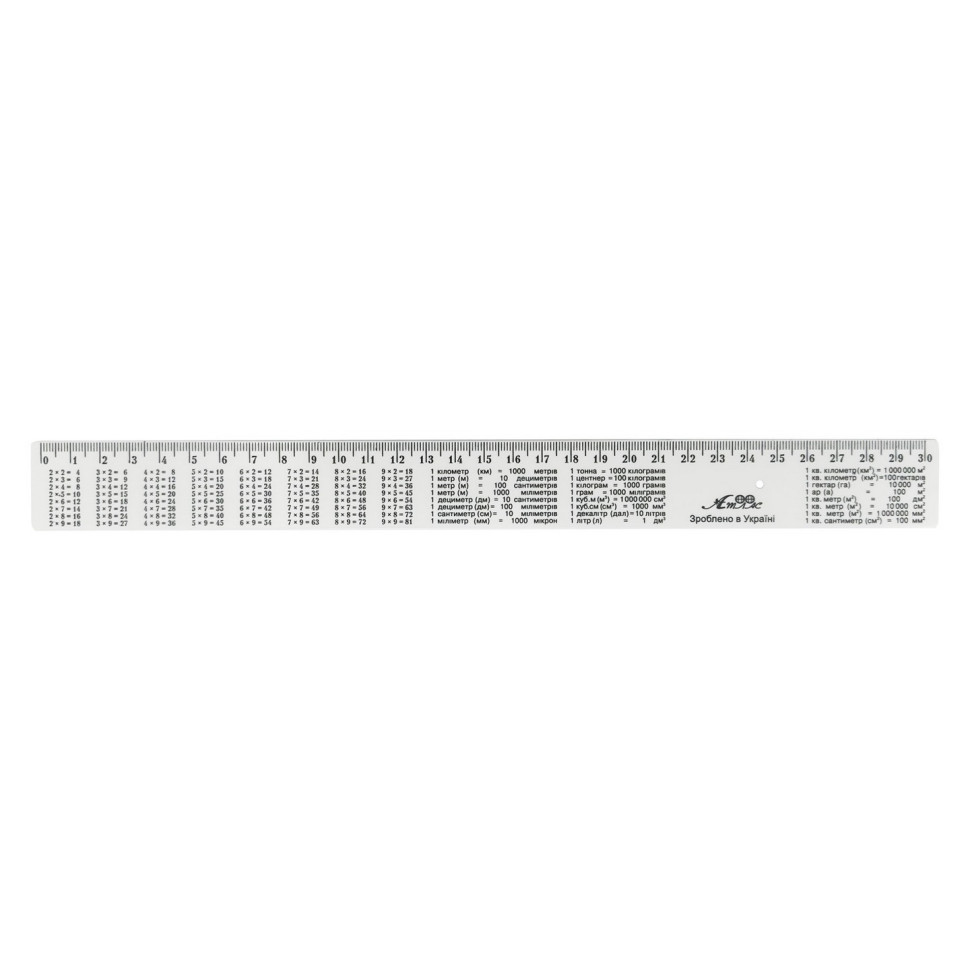 Линейка с табличкой умножения AS-0612, К-9052 белый, пластиковая, 30 см