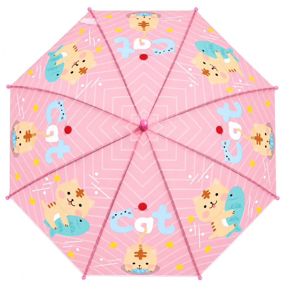 Детский зонтик "Котик с рыбкой" MK 5801(Light-Pink) длина 67 см, трость 60,5 см, диаметр 84 см, спица 47 см