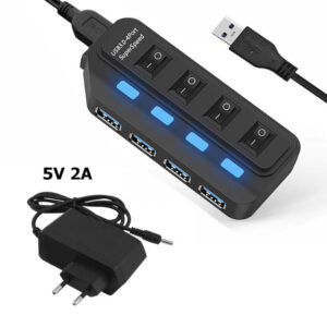 Хаб USB Lapara 4 порта USB 3.0 с 4-мя выключателеми ON/OFF для каждого порта, с БП 2А/5В, черный