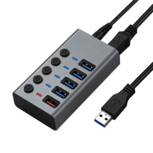 Хаб USB Dynamode 5 портів USB 3.0 -4*USB3.0 передача даних +1*2,4А зарядка, БЖ 2.5А/12В, метал сірий