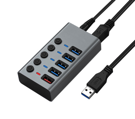 Хаб USB Dynamode 5 портів USB 3.0 -4*USB3.0 передача даних +1*2,4А зарядка, БЖ 2.5А/12В, метал сірий