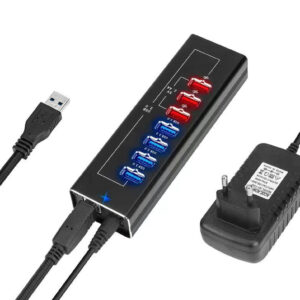 Хаб USB Dynamode 7 портів USB 3.0 - 4*USB3.0 передача даних +3*2,4А зарядка, з БЖ 3А/12В, метал чорн