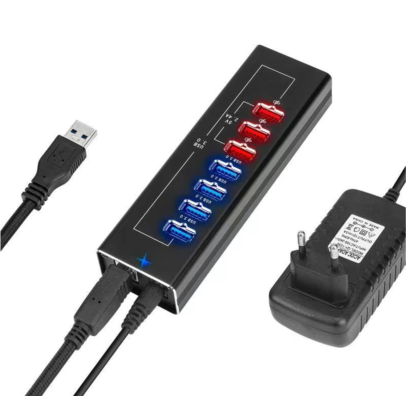 Хаб USB Dynamode 7 портів USB 3.0 - 4*USB3.0 передача даних +3*2,4А зарядка, з БЖ 3А/12В, метал чорн