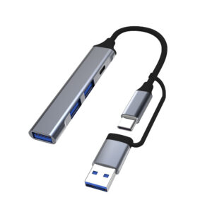 Хаб Dynamode USB Type-C/Type-A на 4 порти: 1х USB3.0-C, 1х USB3.0-A, 2x USB 2.0-A, метал,темно-сірий