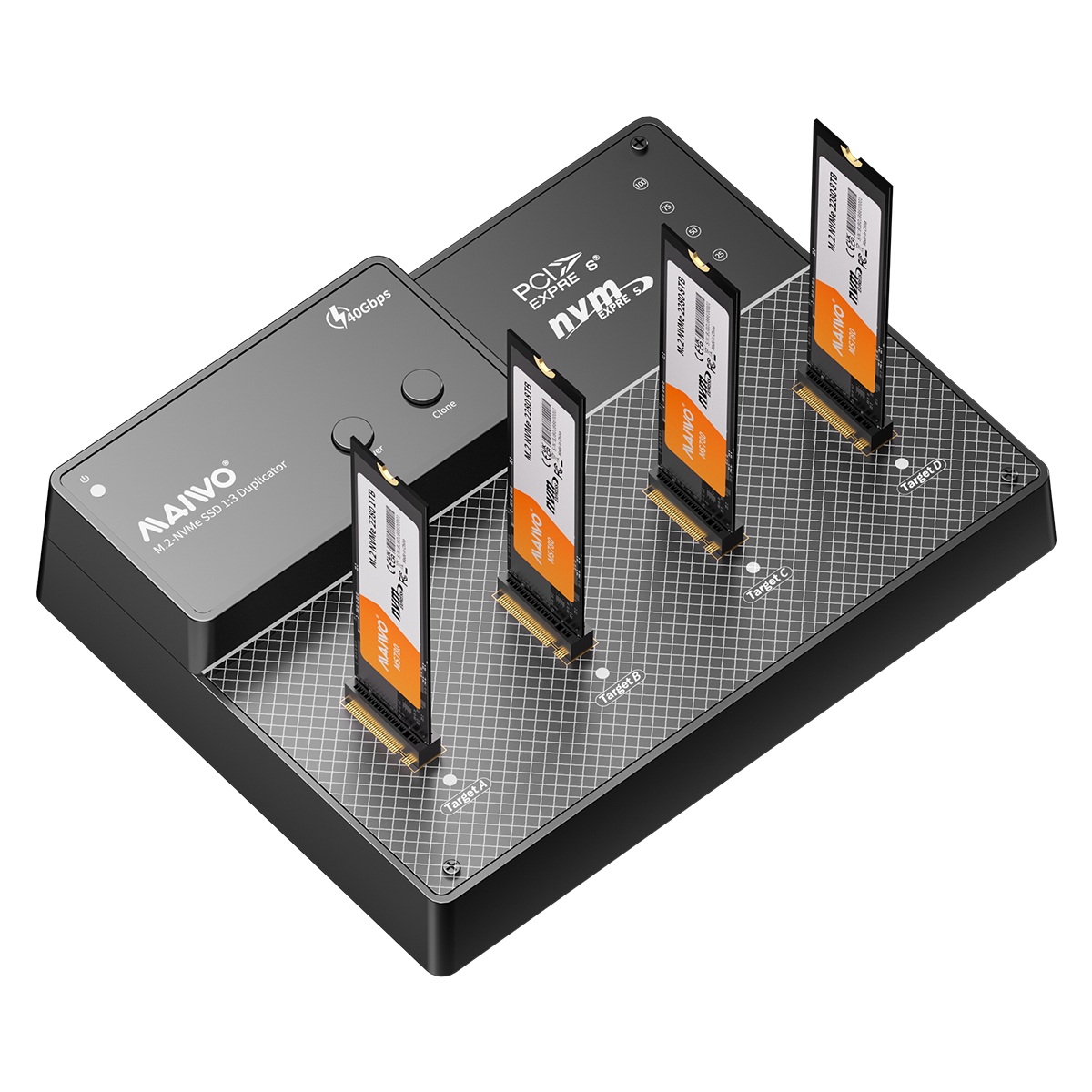 Док-станція Maiwo клонір. для 4*NVMe M.2 SSD Key M/B+M ч-з USB4.0 Type-C 40Gbps з вентилятором метал