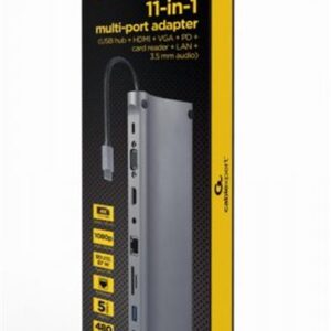 Док-станція Cablexpert USB-C 11-в-1 (A-CM-COMBO11-01) USB-хаб + HDMI/VGA/PD/картрідер/LAN/3.5-мм аудіо