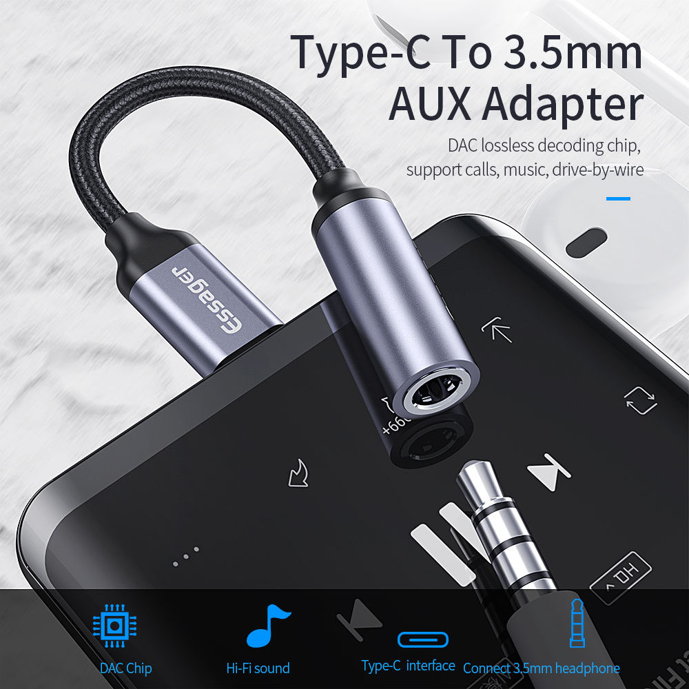 Адаптер Essager USB Type-C - 3.5 мм (M/F), 0.1 м, Black (EZJE01-0G)