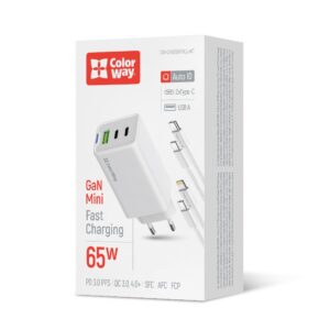 Мережевий зарядний пристрій ColorWay GaN Mini 65W PD Port PPS USB (USB-2C1A) White (CW-CHS058PDCL-WT) + кабель Type-C&Lightning