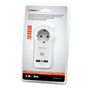 Мережевий зарядний пристрій з розеткою REAL-EL CS-30 (2USB, 3.1A) White