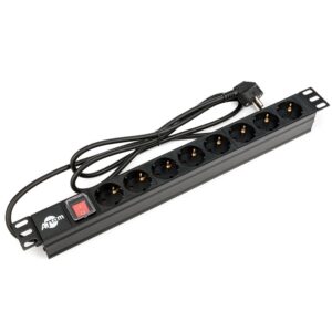 Блок розеток Atcom 1U 19" (PDU-8W-C2С-WS) 8 розеток, з вимикачем, ал. корпус, німецький тип, 2,0 м, чорний