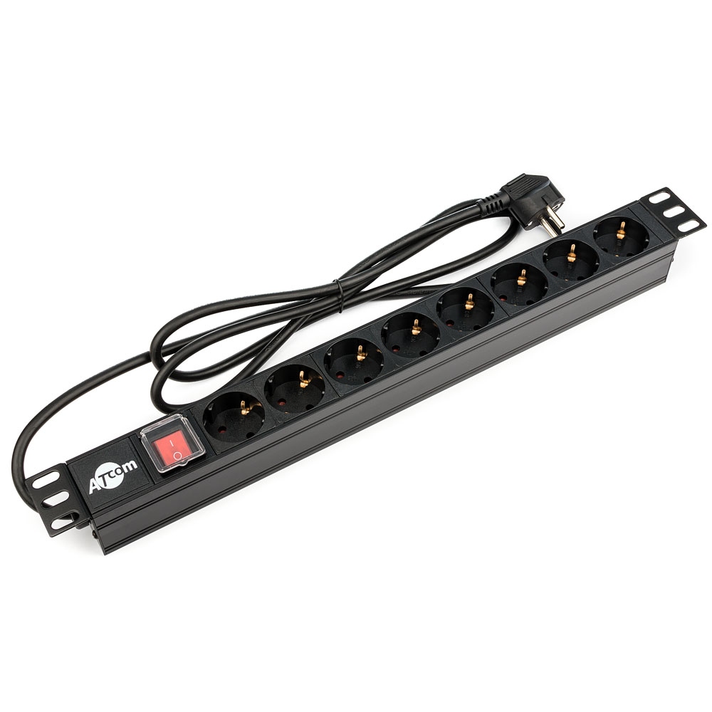 Блок розеток Atcom 1U 19" (PDU-8W-C2С-WS) 8 розеток, з вимикачем, ал. корпус, німецький тип, 2,0 м, чорний