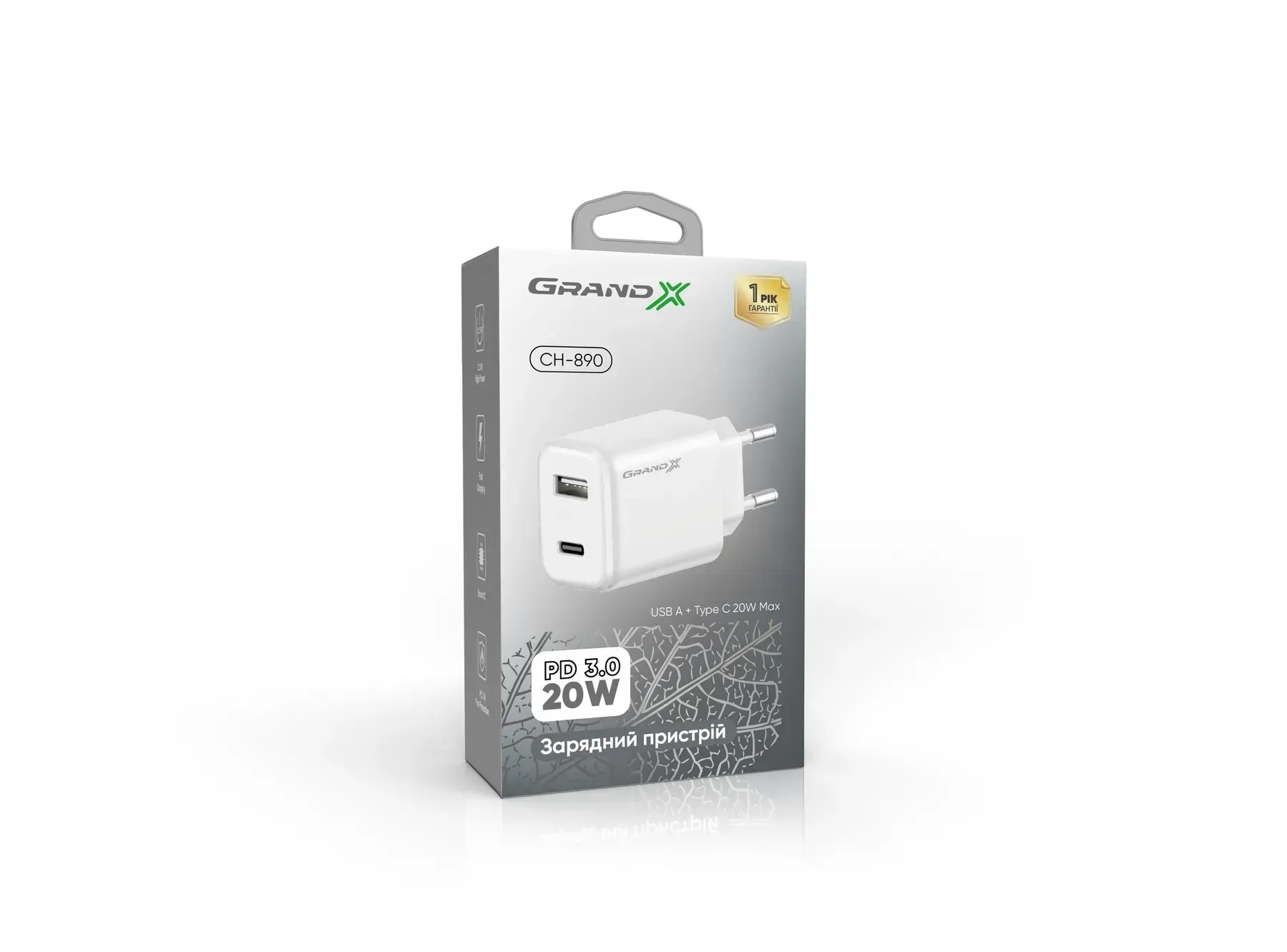 Мережевий зарядний пристрій Grand-X Fast Charge (1хUSB, 1хTypeC, 20W) White (CH-890)