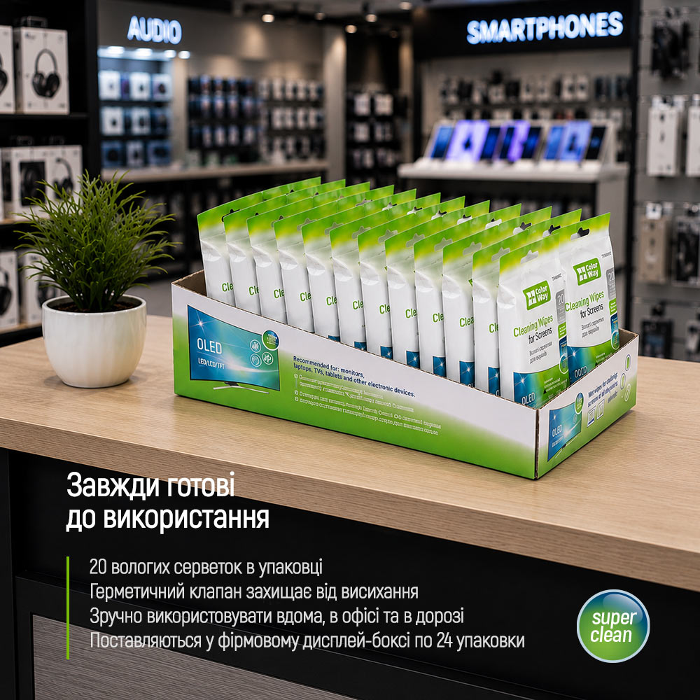 Серветки ColorWay для очищення OLED, LED, LCD, TFT 20 шт (CW-1070)